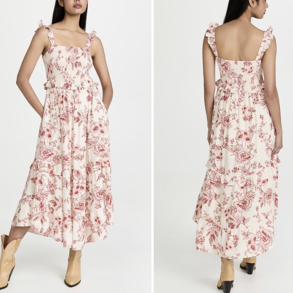 Lost + Wander Paradise Song Maxi Dress Floral Artisan Red Cream Smocked Large